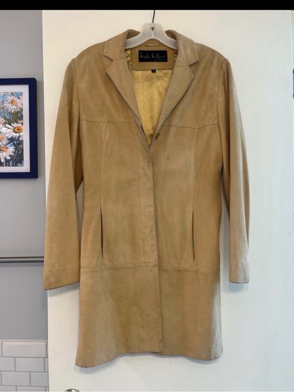 Nicole Miller Vintage Camel Genuine Leather Suede Longline Trench Coat Y2K